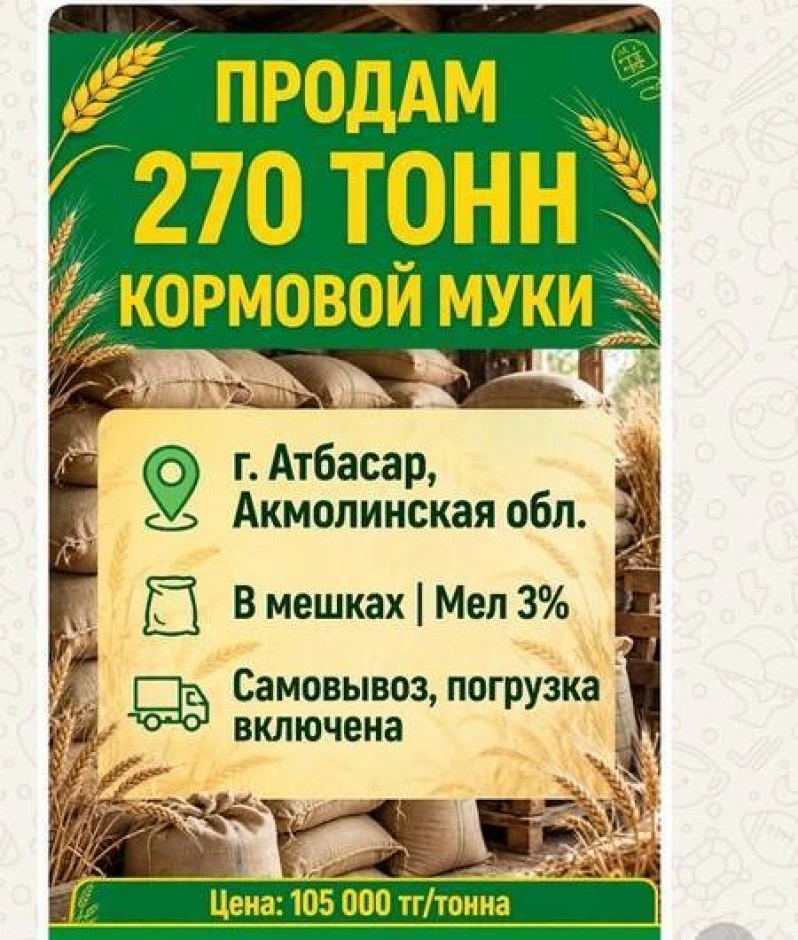 Продам кормовую муку с мелом 3% 80/20 город Атбасар 270 тонн самовывоз #1